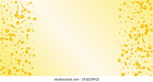 American dollar coins falling. Breathtaking scattered USD coins. USA money. Exceptional jackpot, wealth or success concept. Vector illustration.