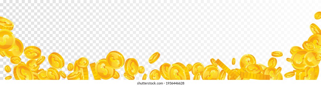 Las monedas en dólares estadounidenses están cayendo. Monedas de USD esparcidas impresionantes. Dinero estadounidense. Notable destello, riqueza o concepto de éxito. Ilustración vectorial.