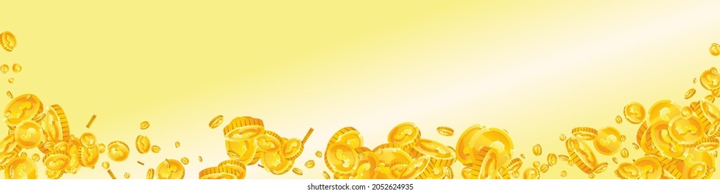 American dollar coins falling. Breathtaking scattered USD coins. USA money. Resplendent jackpot, wealth or success concept. Vector illustration.