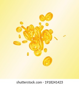 American dollar coins falling. Positive scattered USD coins. USA money. Classy jackpot, wealth or success concept. Vector illustration.