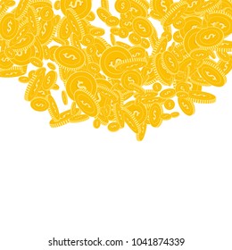 American dollar coins falling. Scattered floating USD coins on white background. Original top semicircle square vector illustration. Jackpot or success concept.