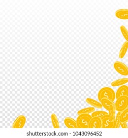 American dollar coins falling. Scattered big USD coins on transparent background. Admirable abstract right bottom corner vector illustration. Jackpot or success concept.