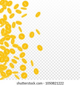American dollar coins falling. Scattered small USD coins on transparent background. Neat scatter left gradient vector illustration. Jackpot or success concept.