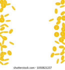 American dollar coins falling. Scattered small USD coins on white background. Unique messy border vector illustration. Jackpot or success concept.