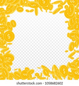 American dollar coins falling. Scattered floating USD coins on transparent background. Optimal chaotic border vector illustration. Jackpot or success concept.