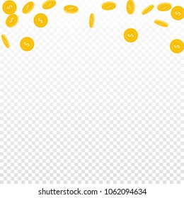American dollar coins falling. Scattered sparse USD coins on transparent background. Dazzling abstract top border vector illustration. Jackpot or success concept.