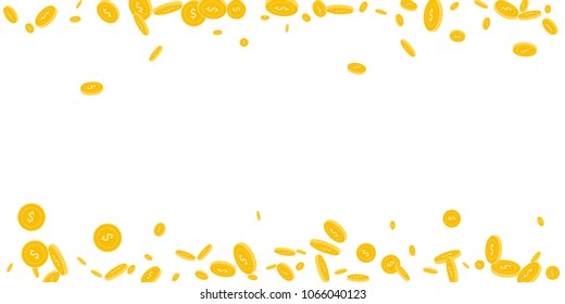 American dollar coins falling. Scattered disorderly USD coins on white background. Fascinating scattered border vector illustration. Jackpot or success concept.