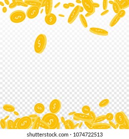 American dollar coins falling. Scattered floating USD coins on transparent background. Extra borders vector illustration. Jackpot or success concept.