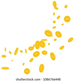 American dollar coins falling. Scattered disorderly USD coins on white background. Dramatic big radiant left top corner vector illustration. Jackpot or success concept.