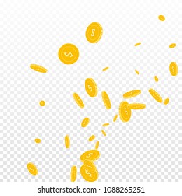 American dollar coins falling. Scattered disorderly USD coins on transparent background. Artistic radiant right bottom corner vector illustration. Jackpot or success concept.