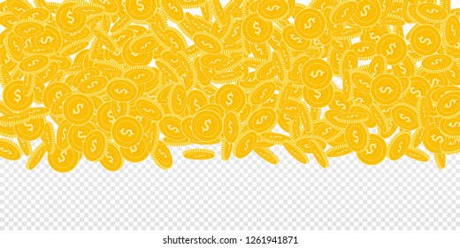 American dollar coins falling. Scattered big USD coins on transparent background. Stylish wide top gradient vector illustration. Jackpot or success concept.