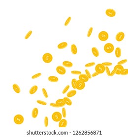 American dollar coins falling. Scattered small USD coins on white background. Beauteous radiant right bottom corner vector illustration. Jackpot or success concept.