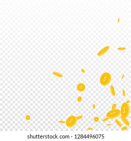 American dollar coins falling. Scattered disorderly USD coins on transparent background. Unique scattered bottom right corner vector illustration. Jackpot or success concept.