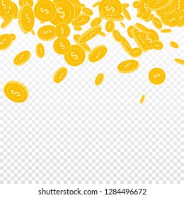 American dollar coins falling. Scattered floating USD coins on transparent background. Rare scatter top gradient vector illustration. Jackpot or success concept.