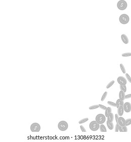 American dollar coins falling. Scattered black and white USD small coins. Jackpot or success concept. Decent abstract right bottom corner vector illustration.