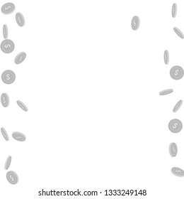 American dollar coins falling. Scattered black and white USD sparse coins. Jackpot or success concept. Original messy border vector illustration.