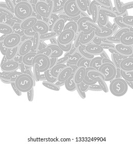 American dollar coins falling. Scattered black and white USD big coins. Jackpot or success concept. Favorable top gradient square vector illustration.