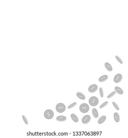 American dollar coins falling. Scattered black and white USD sparse coins. Jackpot or success concept. Impressive bottom right corner vector illustration.