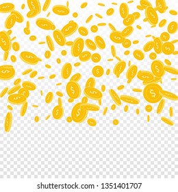 American dollar coins falling. Scattered disorderly USD coins on transparent background. Fetching top gradient square vector illustration. Jackpot or success concept.