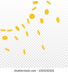 American dollar coins falling. Scattered sparse USD coins on transparent background. Alluring radiant left top corner vector illustration. Jackpot or success concept.