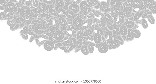 American dollar coins falling. Scattered black and white USD big coins. Jackpot or success concept. Unique top semicircle vector illustration.