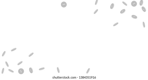 American dollar coins falling. Scattered black and white USD sparse coins. Jackpot or success concept. Adorable wide corners vector illustration.