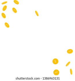 American dollar coins falling. Scattered sparse USD coins on white background. Immaculate scatter abstract corners vector illustration. Jackpot or success concept.