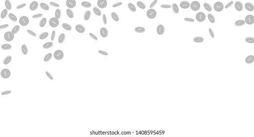 American dollar coins falling. Scattered black and white USD sparse coins. Jackpot or success concept. Stunning falling rain vector illustration.