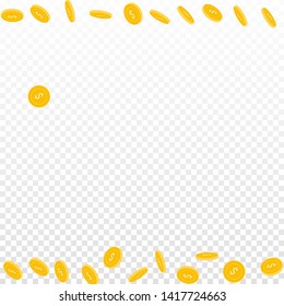 American dollar coins falling. Scattered sparse USD coins on transparent background. Fancy borders vector illustration. Jackpot or success concept.