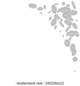 American dollar coins falling. Scattered black and white USD disorderly coins. Jackpot or success concept. Ideal top right corner vector illustration.