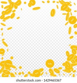 American dollar coins falling. Scattered disorderly USD coins on transparent background. Emotional round random frame vector illustration. Jackpot or success concept.