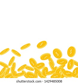 American dollar coins falling. Scattered big USD coins on white background. Incredible scatter bottom gradient vector illustration. Jackpot or success concept.