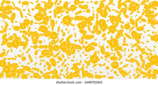 American dollar coins falling. Scattered disorderly USD coins on transparent background. Pleasant wide scatter vector illustration. Jackpot or success concept.