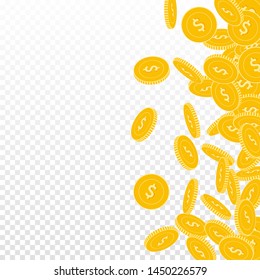American dollar coins falling. Scattered big USD coins on transparent background. Original scatter right gradient vector illustration. Jackpot or success concept.