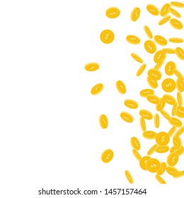 American dollar coins falling. Scattered small USD coins on white background. Posh scatter right gradient vector illustration. Jackpot or success concept.