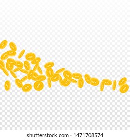 American dollar coins falling. Scattered small USD coins on transparent background. Eminent square shape vector illustration. Jackpot or success concept.