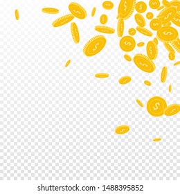 American dollar coins falling. Scattered floating USD coins on transparent background. Cool scattered top right corner vector illustration. Jackpot or success concept.