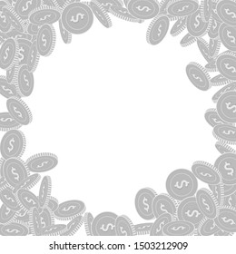 American dollar coins falling. Scattered black and white USD big coins. Jackpot or success concept. Stunning round random frame vector illustration.