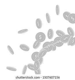 American dollar coins falling. Scattered black and white USD big coins. Jackpot or success concept. Popular radiant right bottom corner vector illustration.