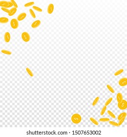 American dollar coins falling. Scattered small USD coins on transparent background. Great scatter abstract corners vector illustration. Jackpot or success concept.