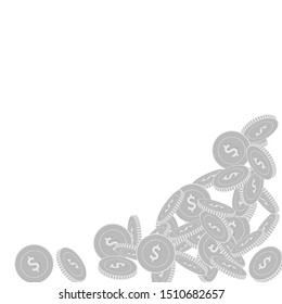American dollar coins falling. Scattered black and white USD big coins. Jackpot or success concept. Great bottom right corner vector illustration.