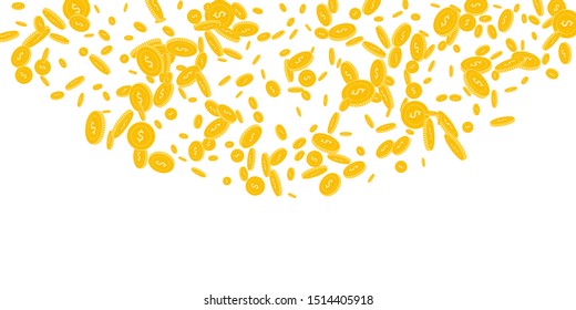 American dollar coins falling. Scattered disorderly USD coins on white background. Grand top semicircle vector illustration. Jackpot or success concept.