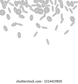 American dollar coins falling. Scattered black and white USD small coins. Jackpot or success concept. Bewitching scatter top gradient vector illustration.