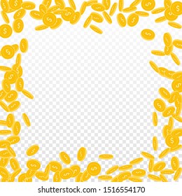 American dollar coins falling. Scattered small USD coins on transparent background. Outstanding chaotic border vector illustration. Jackpot or success concept.