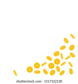American dollar coins falling. Scattered sparse USD coins on white background. Mind-blowing bottom right corner vector illustration. Jackpot or success concept.