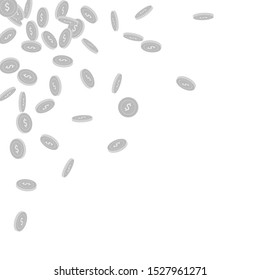 American dollar coins falling. Scattered black and white USD small coins. Jackpot or success concept. Ecstatic scattered top left corner vector illustration.