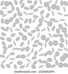 American dollar coins falling. Scattered black and white USD sparse coins. Jackpot or success concept. Delicate scattered pattern vector illustration.