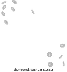 American dollar coins falling. Scattered black and white USD sparse coins. Jackpot or success concept. Vibrant scatter abstract corners vector illustration.