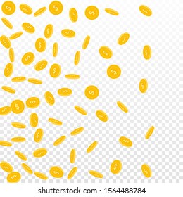 American dollar coins falling. Scattered sparse USD coins on transparent background. Sublime left gradient vector illustration. Jackpot or success concept.