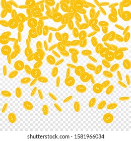 American dollar coins falling. Scattered small USD coins on transparent background. Fabulous top gradient vector illustration. Jackpot or success concept.